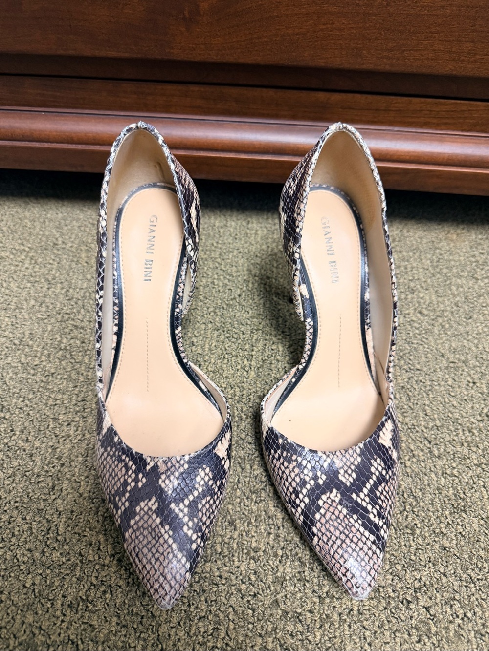 Gianni Bini Snake-Print Pointed Pumps in Beige and Black